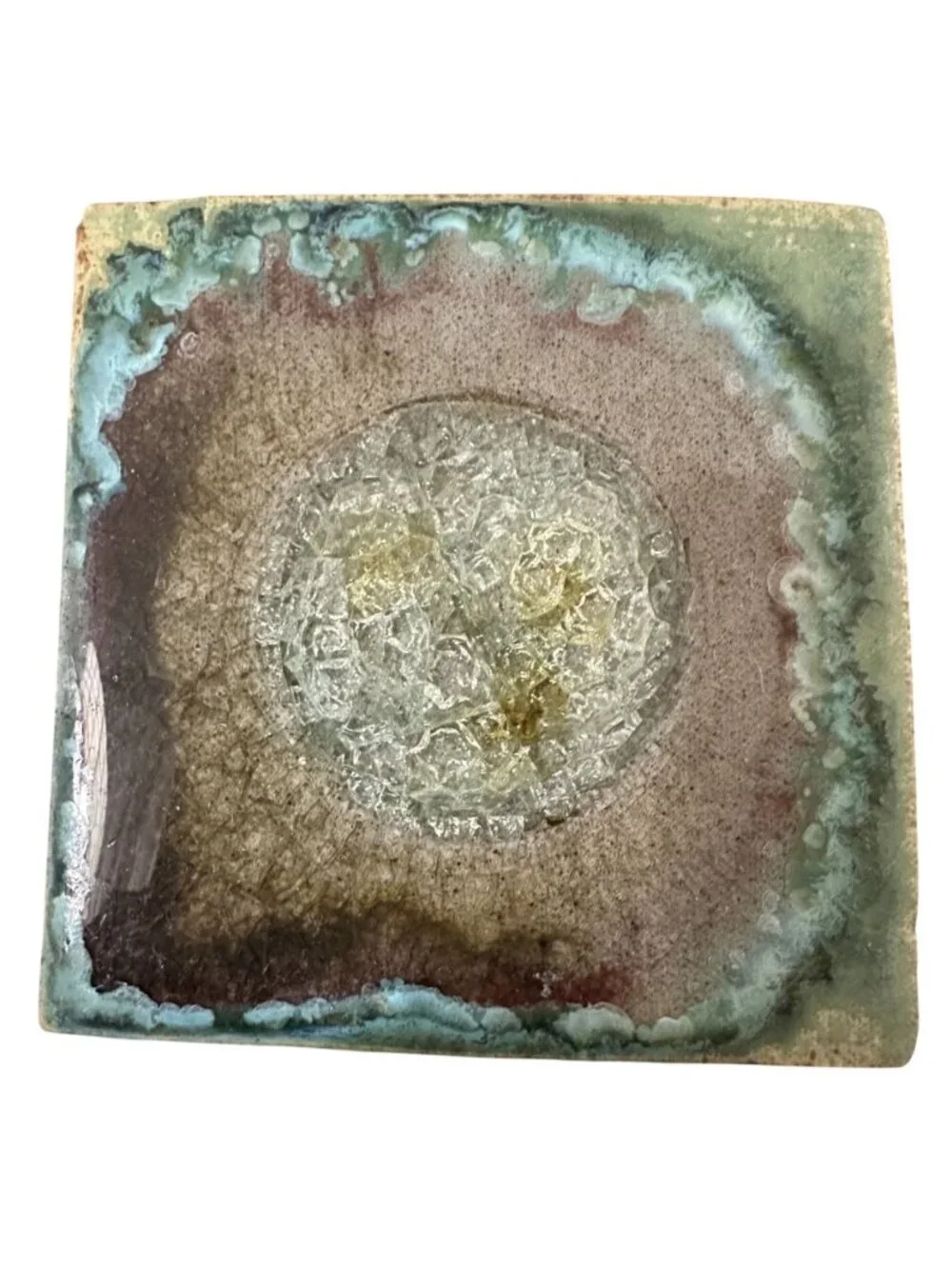 Anthropologie Geode Coaster Blue Crushed Crackle Glass Stoneware Tile 4